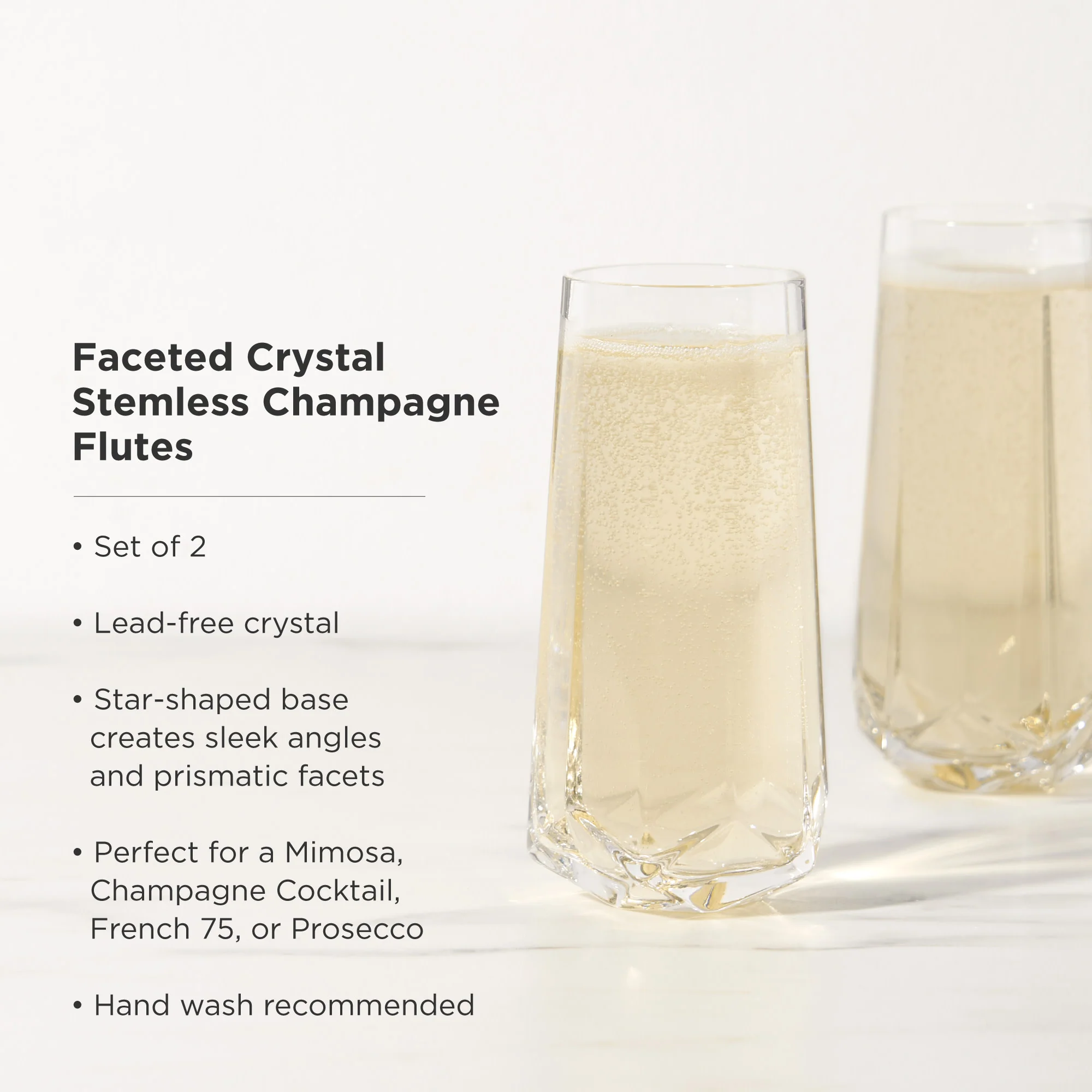 Seneca Faceted Crystal Stemless Champagne Flutes Set of 2 - Image 5